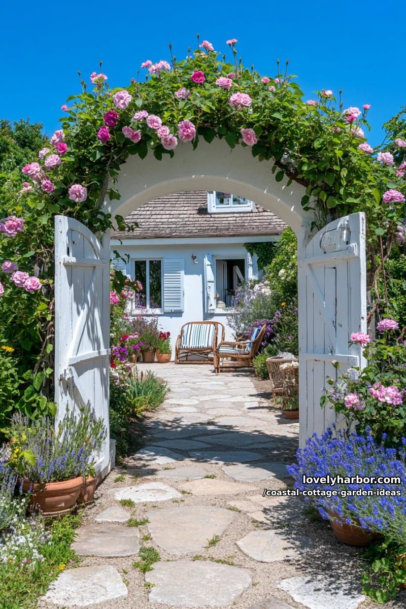 mix climbing roses and morning glories over a whitewashed cottage archway 1