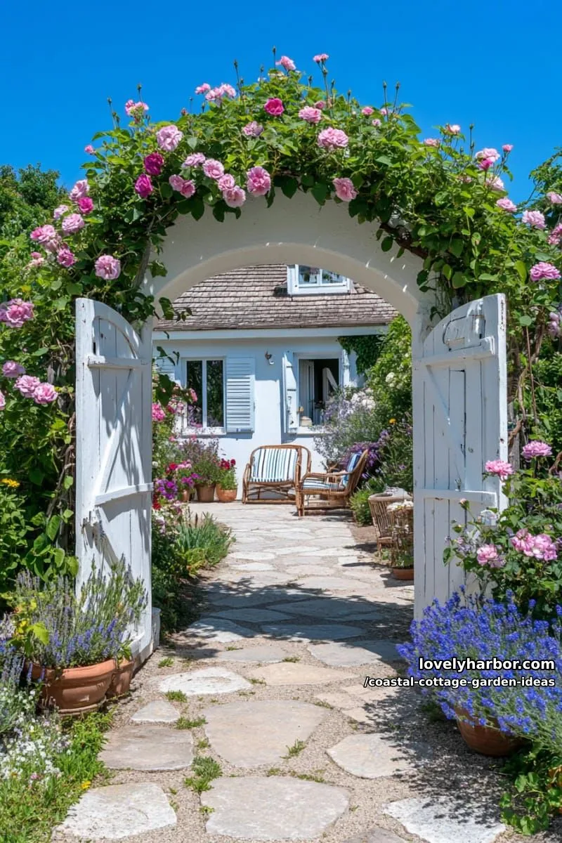 mix climbing roses and morning glories over a whitewashed cottage archway 1