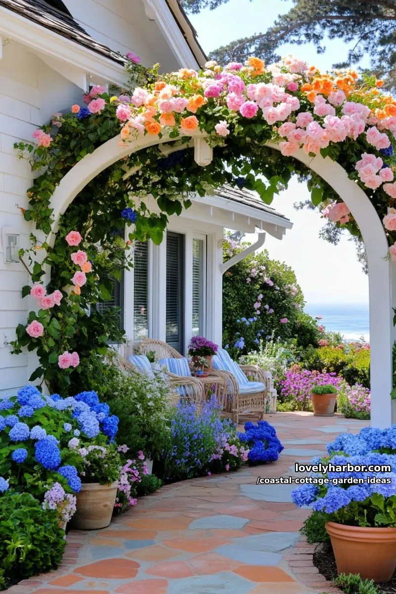 mix climbing roses and morning glories over a whitewashed cottage archway 1