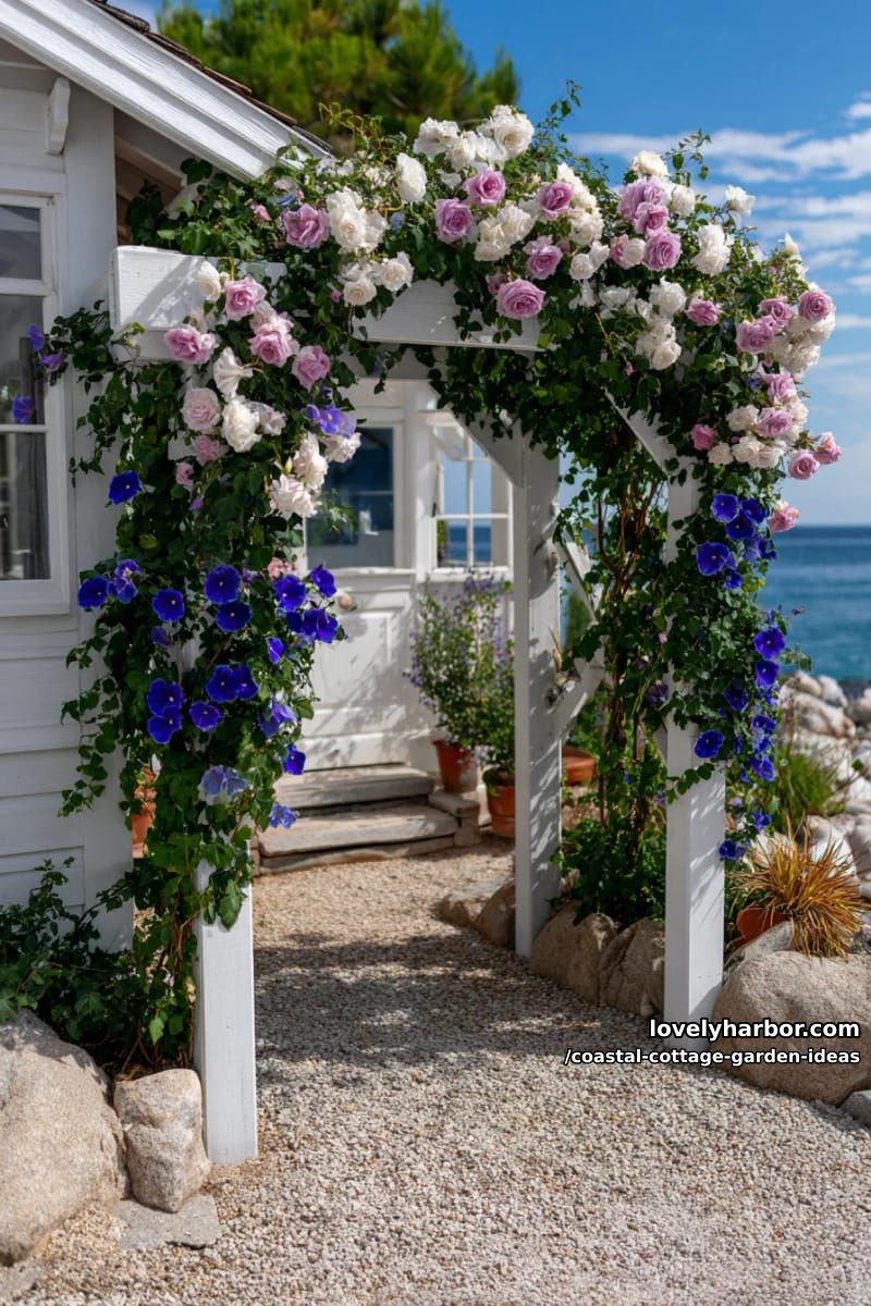 mix climbing roses and morning glories over a whitewashed cottage archway 1