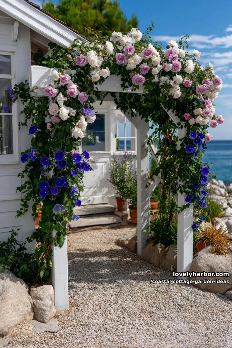 mix climbing roses and morning glories over a whitewashed cottage archway 1