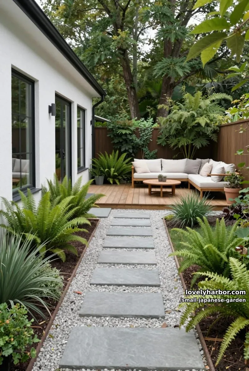 20 Small Japanese Garden Designs That Feel Like A Zen Retreat 6 modern backyard garden with stone path, patio, and lush greenery 1