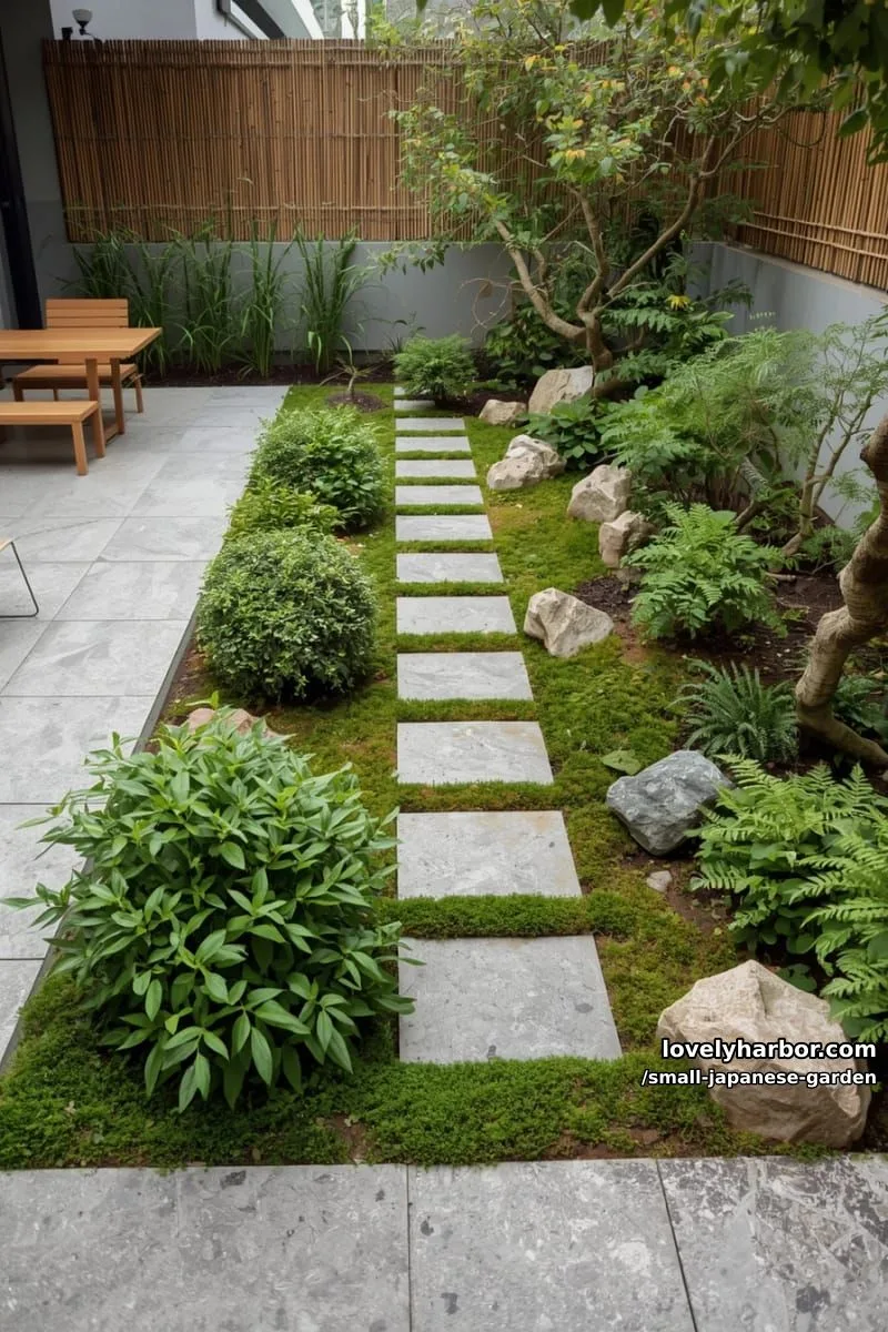 20 Small Japanese Garden Designs That Feel Like A Zen Retreat 7 modern backyard garden with stone path, patio, and lush greenery 1