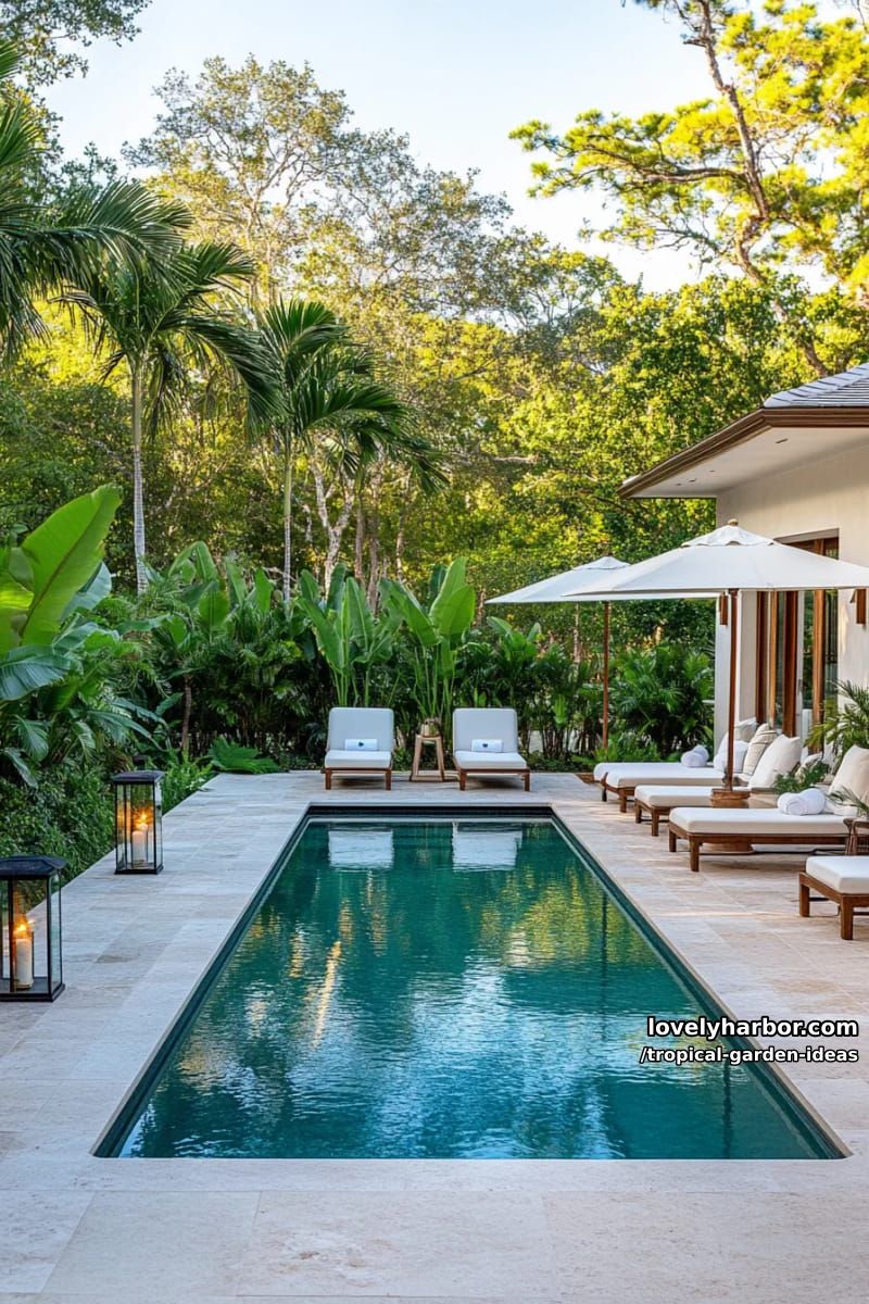 modern backyard oasis with pool, lounge chairs, and lush greenery. 1