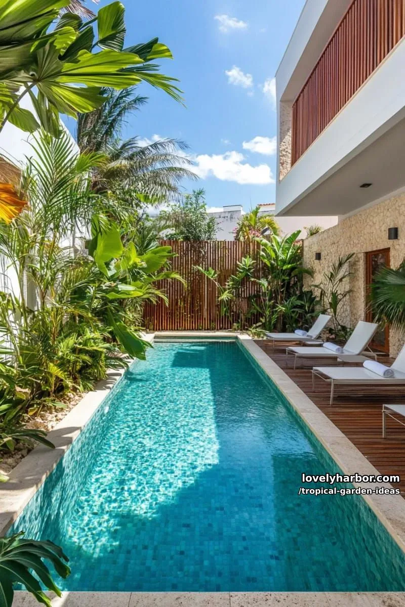 modern backyard oasis with pool, lounge chairs, and lush greenery. 1