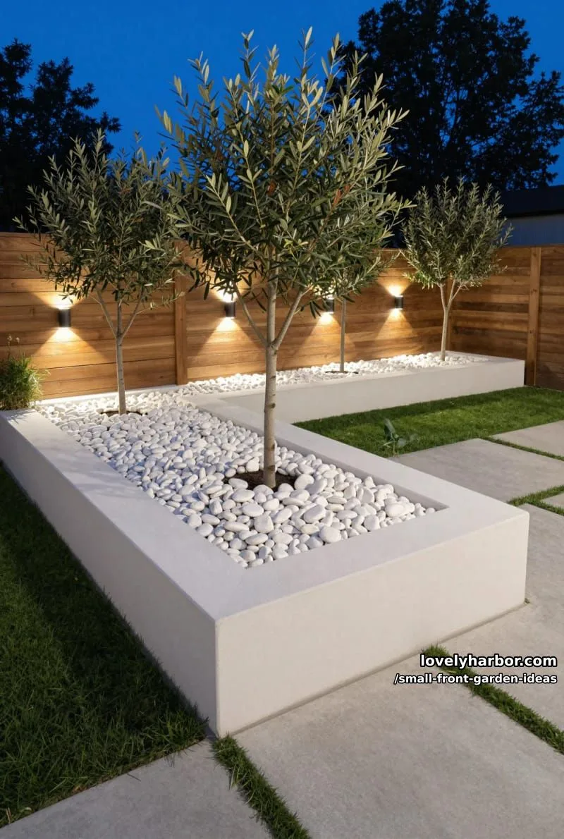 modern backyard with raised white planter, olive trees, and wooden slat fence. 1