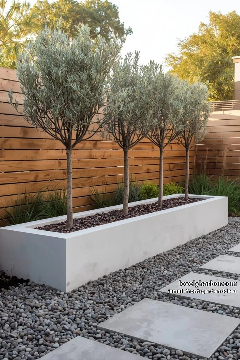 modern backyard with raised white planter, olive trees, and wooden slat fence. 1