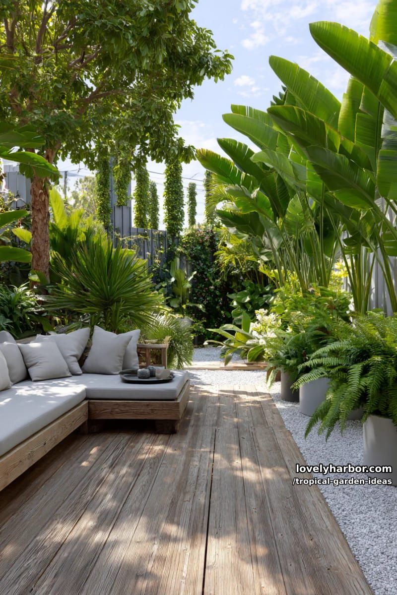 modern backyard with wooden deck and lush tropical foliage. 1