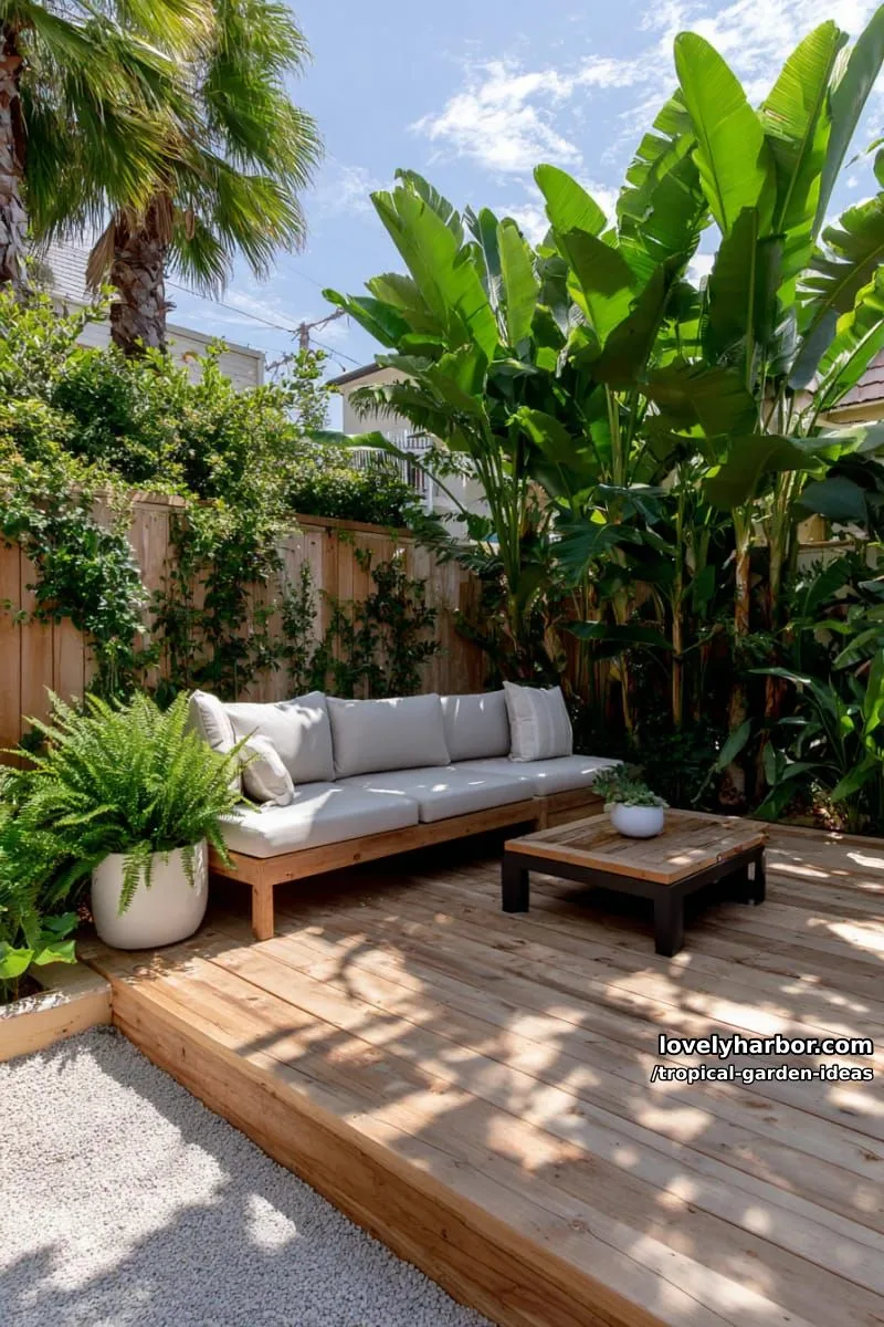 modern backyard with wooden deck and lush tropical foliage. 1