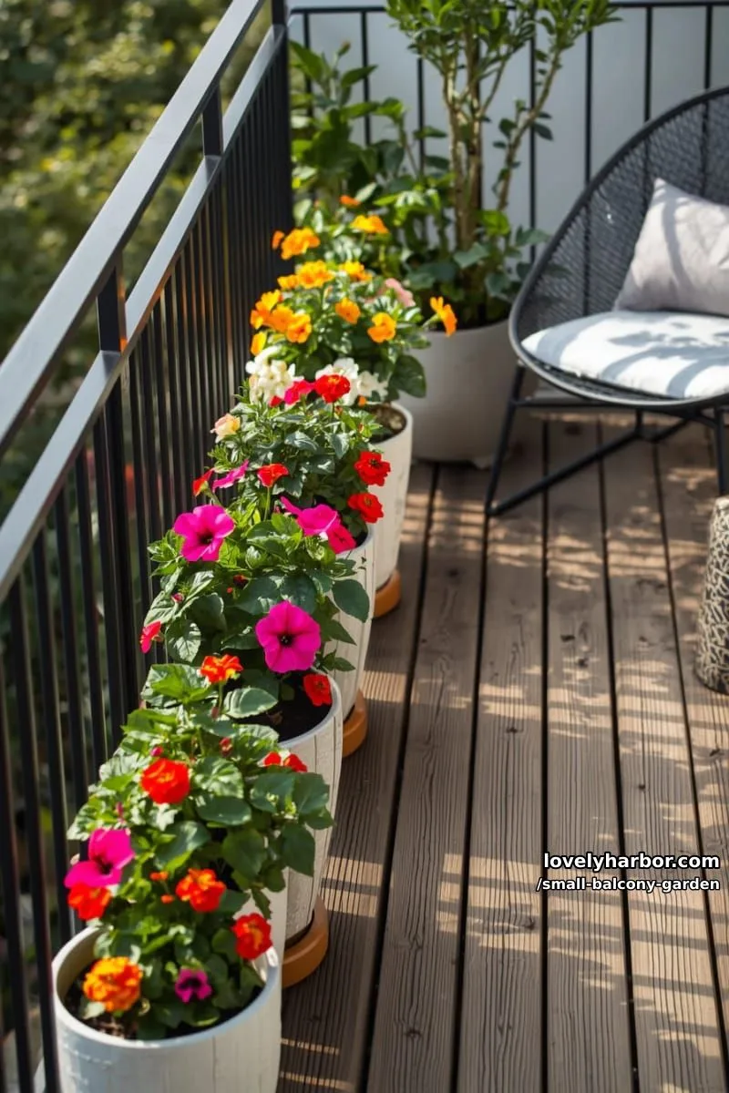 modern balcony with black railing, vibrant blooming flowers, and wooden decking. 1