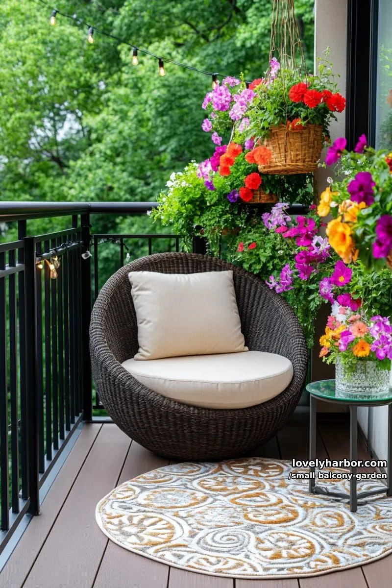 modern balcony with black railing, vibrant blooming flowers, and wooden decking. 1