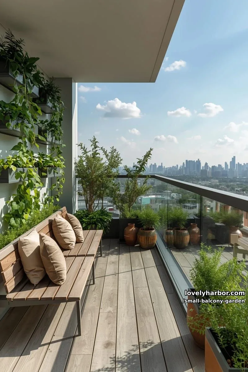modern balcony with wooden benches, plant shelves, glass railing, and cityscape. 1