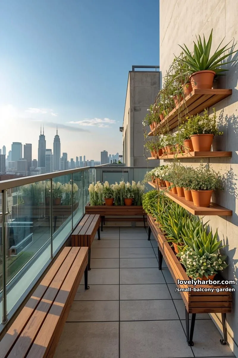 modern balcony with wooden benches, plant shelves, glass railing, and cityscape. 1