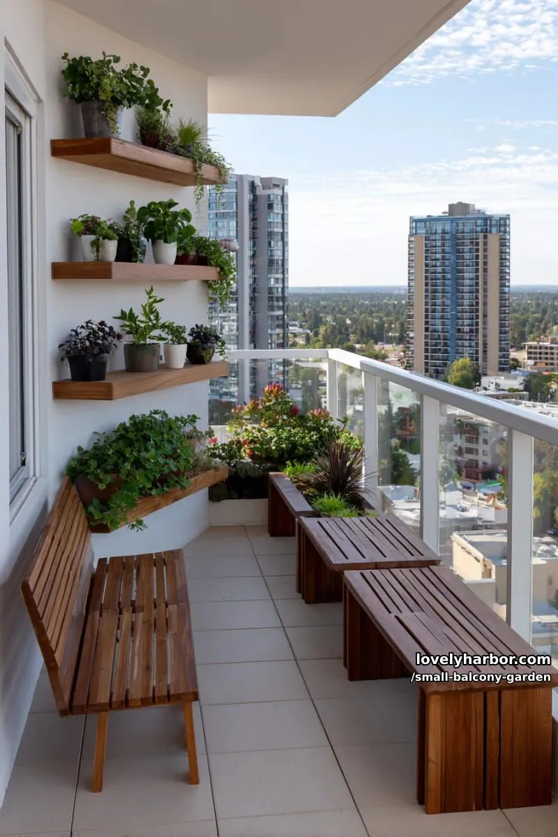 modern balcony with wooden benches, plant shelves, glass railing, and cityscape. 1