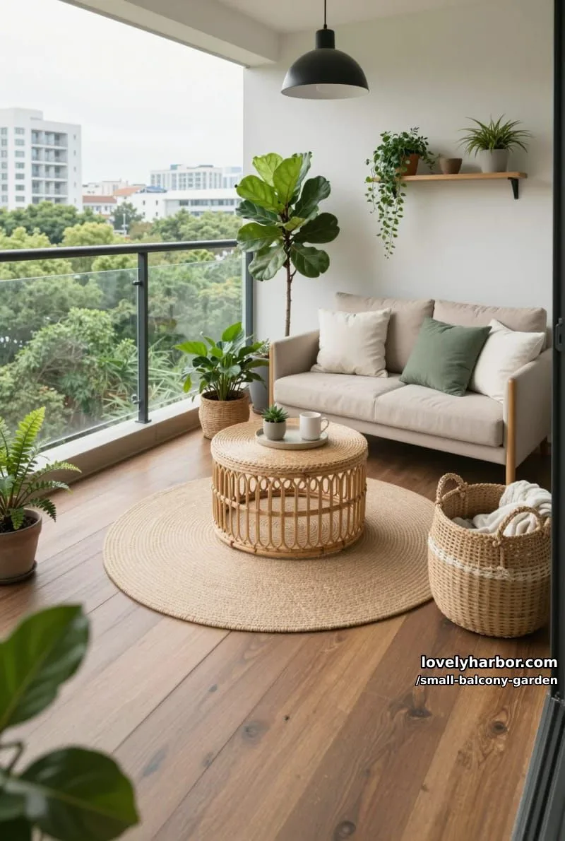 modern balcony with wooden deck, cozy sofa, greenery, and city view. 1