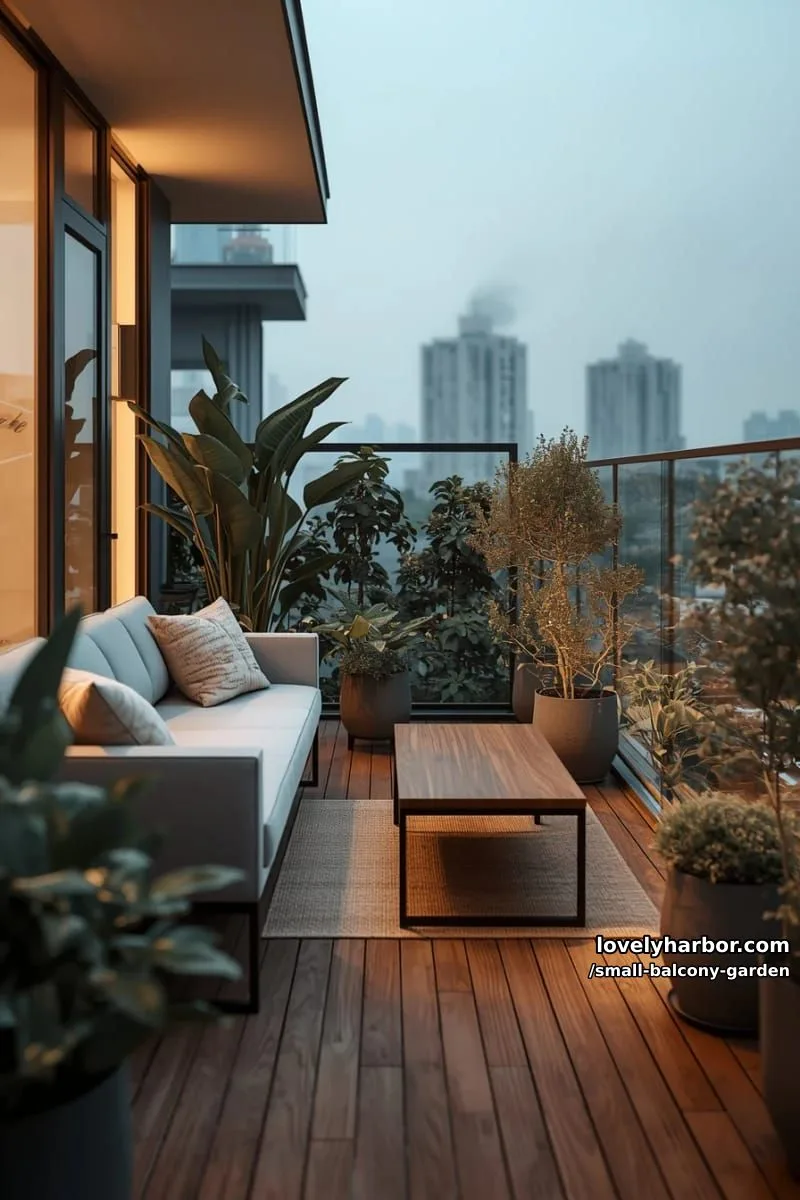 modern balcony with wooden deck, cozy sofa, greenery, and city view. 1