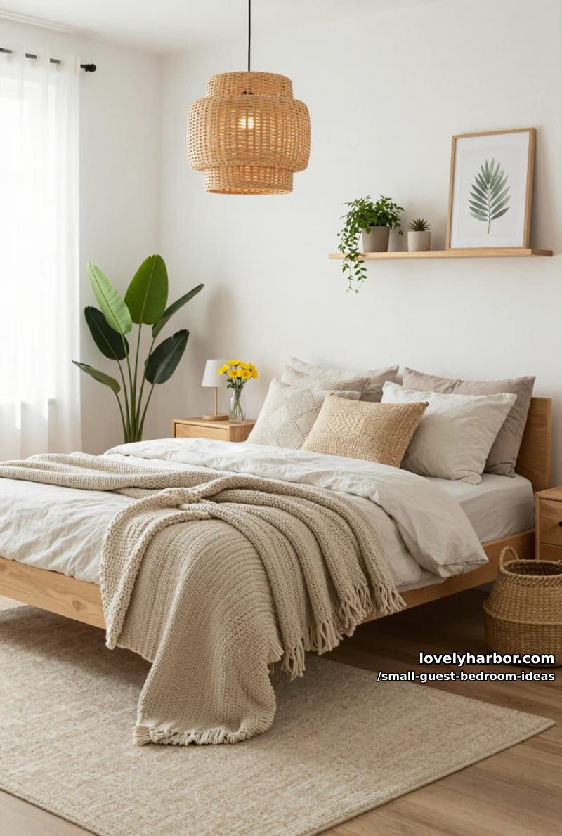 modern bedroom with boho decor, rattan pendant, and botanical art. 1