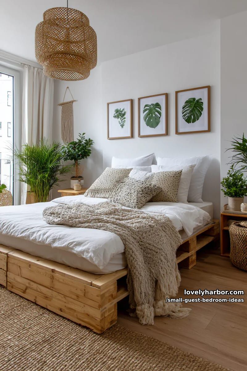 modern bedroom with boho decor, rattan pendant, and botanical art. 1