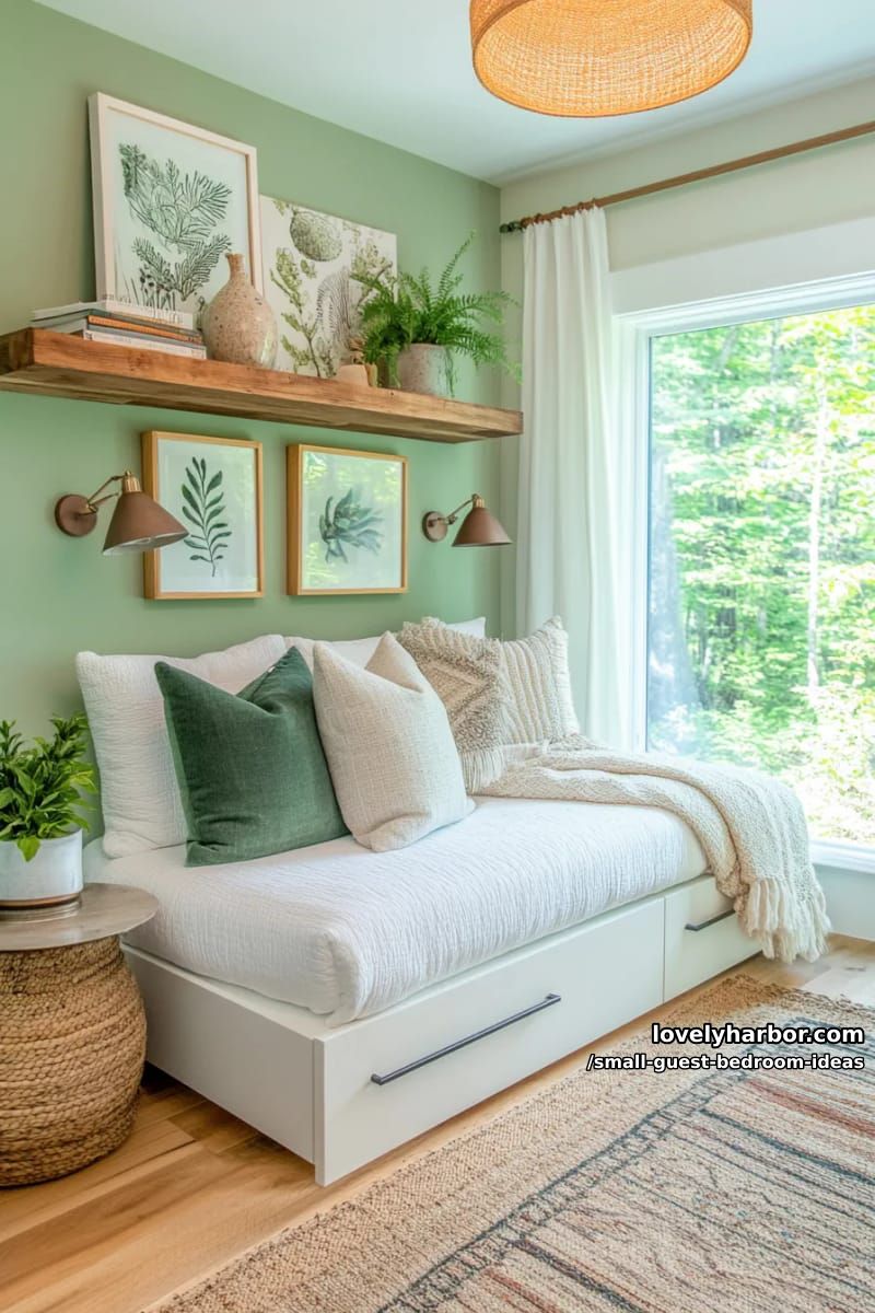 modern bedroom with daybed storage, green accents, and floating shelf. 1