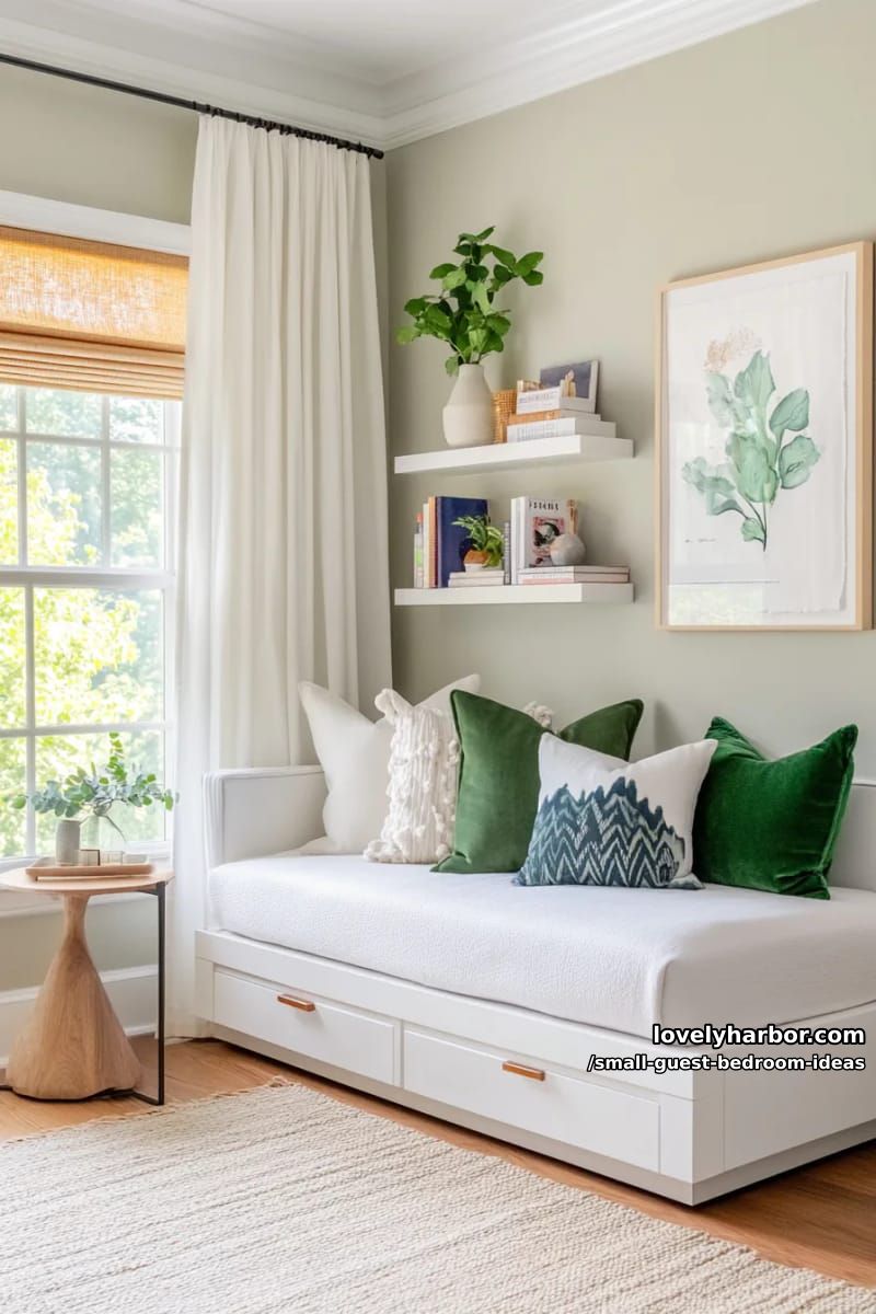 modern bedroom with daybed storage, green accents, and floating shelf. 1