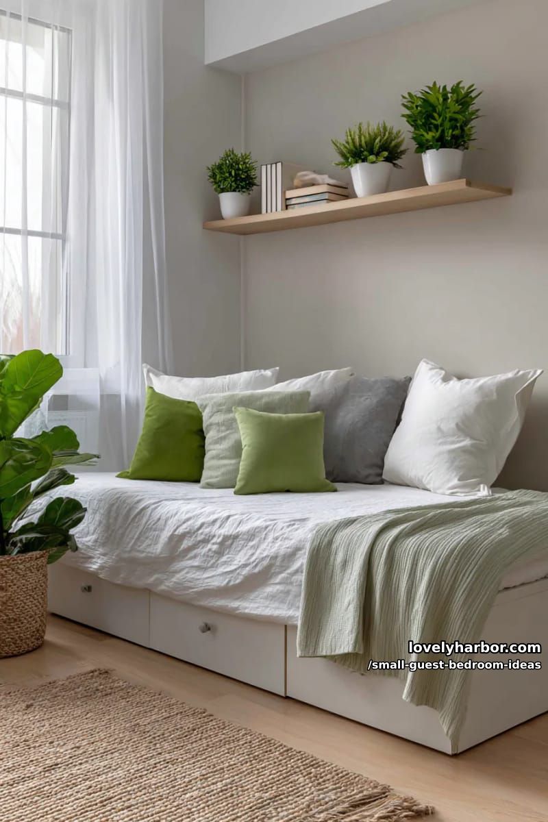 modern bedroom with daybed storage, green accents, and floating shelf. 1