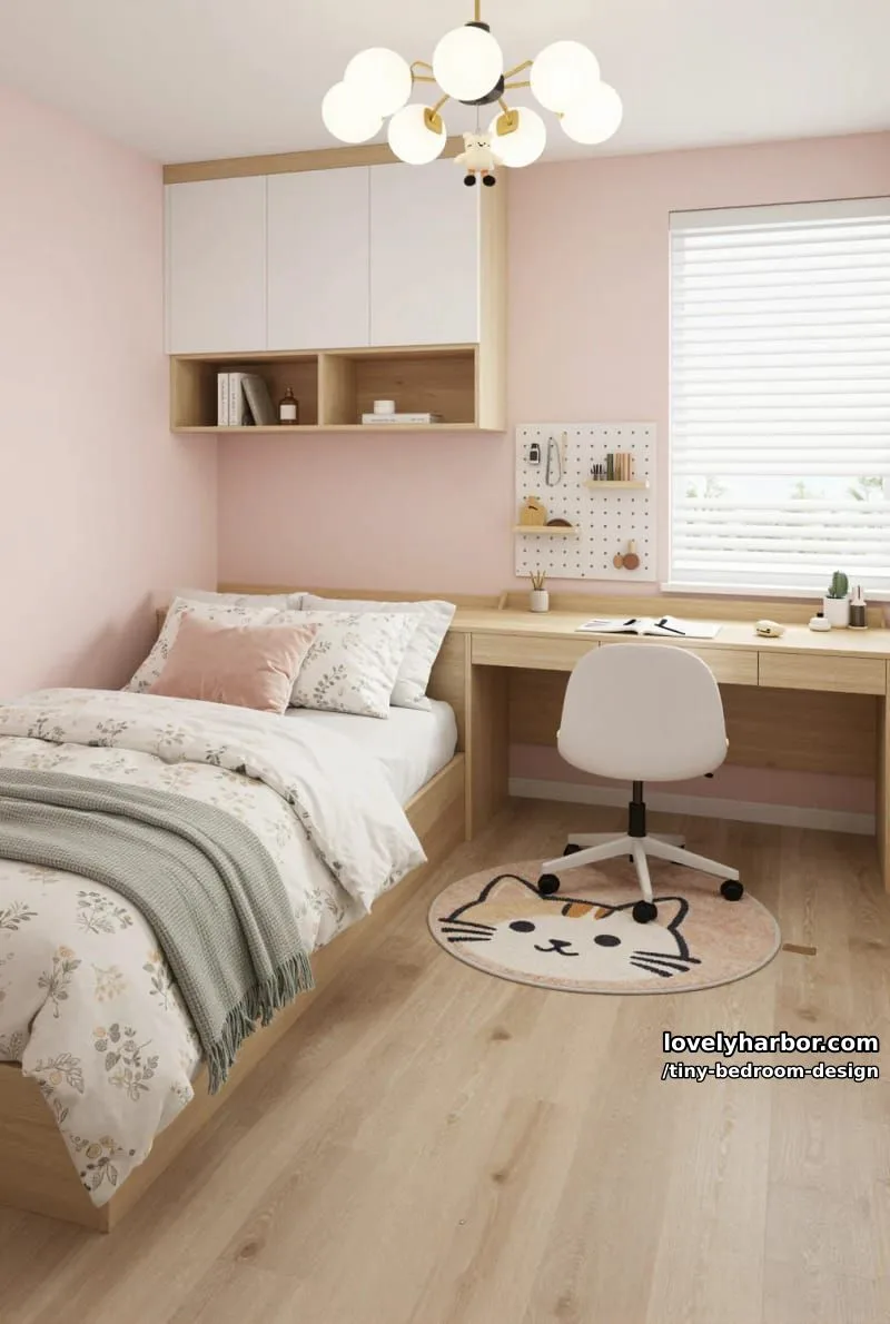 modern bedroom with floral bedding, pastel wall, and playful rug. 1