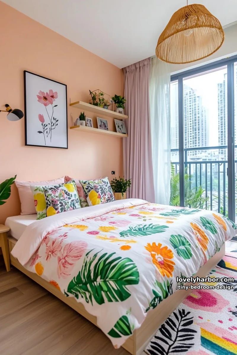 modern bedroom with floral bedding, pastel wall, and playful rug. 1