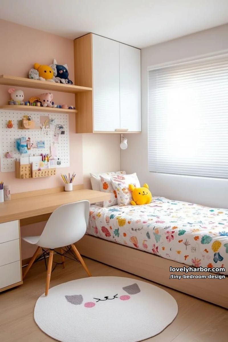 modern bedroom with floral bedding, pastel wall, and playful rug. 1