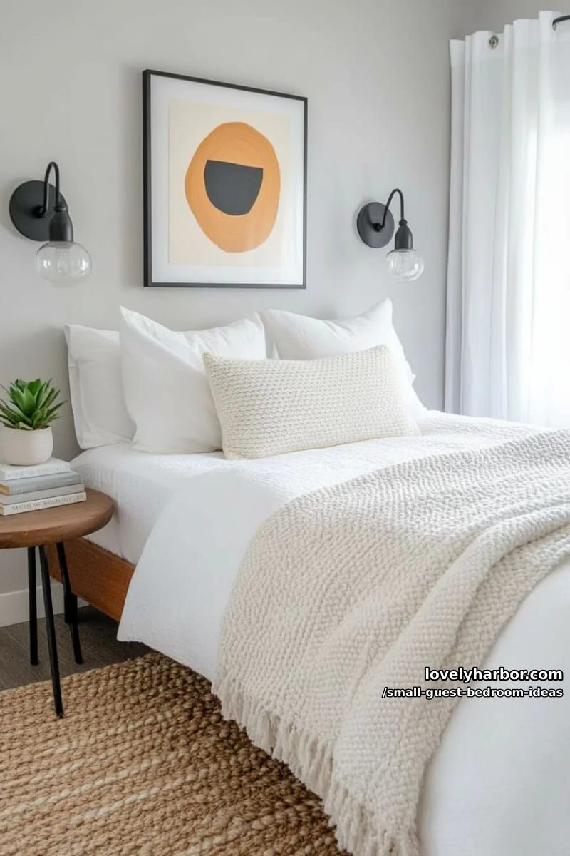 modern bedroom with white linens, cream blanket, and wall sconces. 1