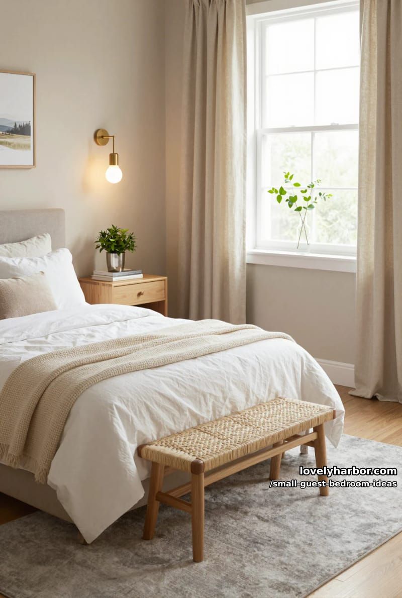 modern bedroom with white linens, cream blanket, and wall sconces. 1