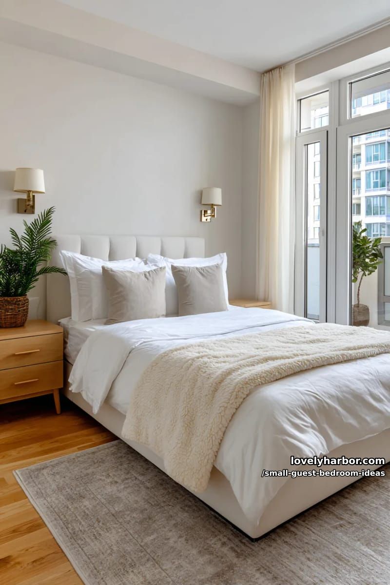 modern bedroom with white linens, cream blanket, and wall sconces. 1