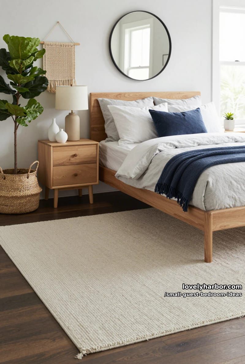 modern bedroom with wooden bed, gray bedding, and geometric mirror. 1