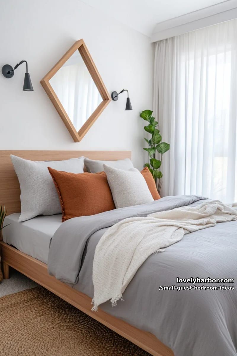 modern bedroom with wooden bed, gray bedding, and geometric mirror. 1