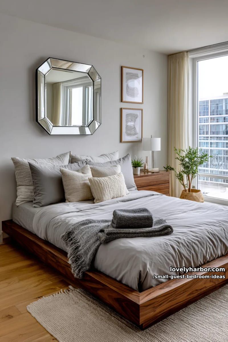 modern bedroom with wooden bed, gray bedding, and geometric mirror. 1