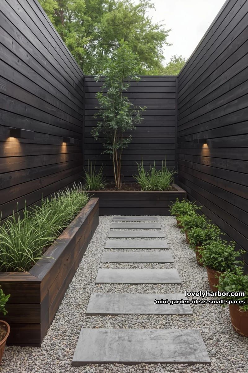 modern courtyard garden with stepping stones and raised wooden planter bed. 1