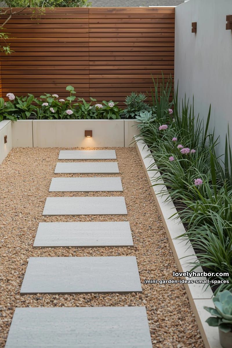 modern courtyard garden with stepping stones and raised wooden planter bed. 1