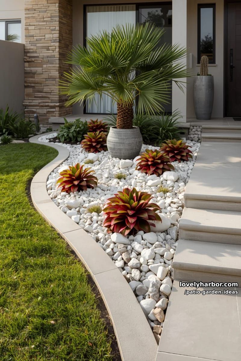 modern front yard with concrete edging, decorative rocks, and bromeliads. 1