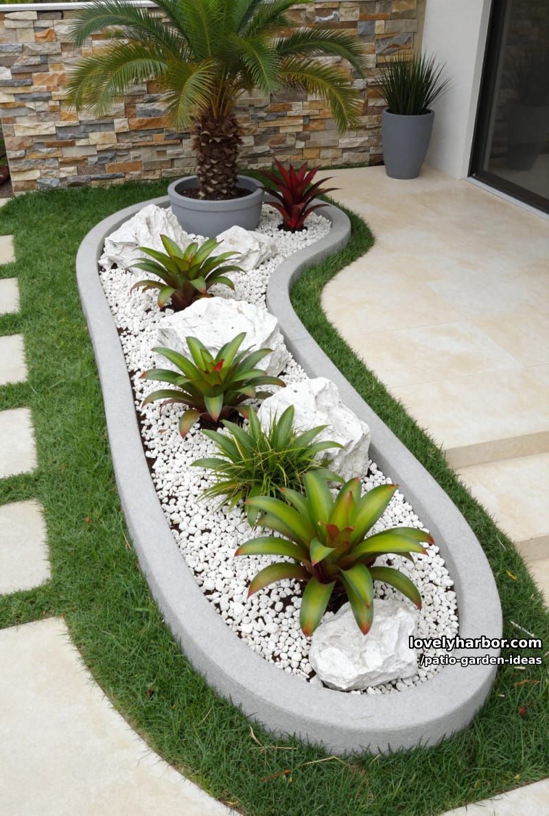 modern front yard with concrete edging, decorative rocks, and bromeliads. 1