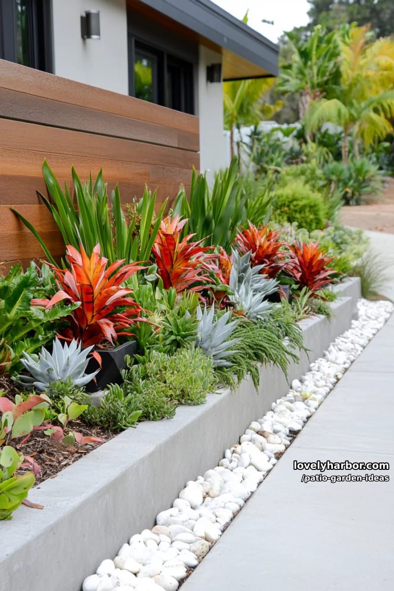 modern front yard with concrete edging, decorative rocks, and bromeliads. 1