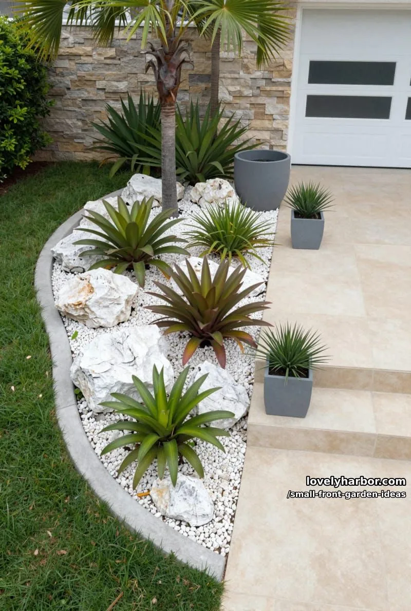 modern front yard with curved bed, tropical plants, rocks, and palm planter. 1
