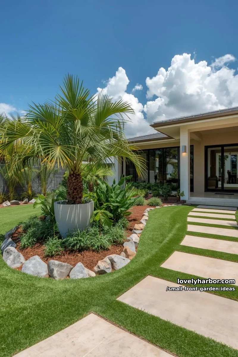 modern front yard with curved bed, tropical plants, rocks, and palm planter. 1