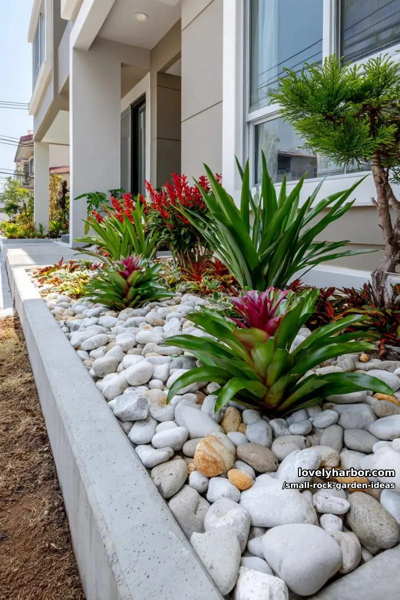 modern front yard with white rocks, bromeliads, and concrete edging. 1