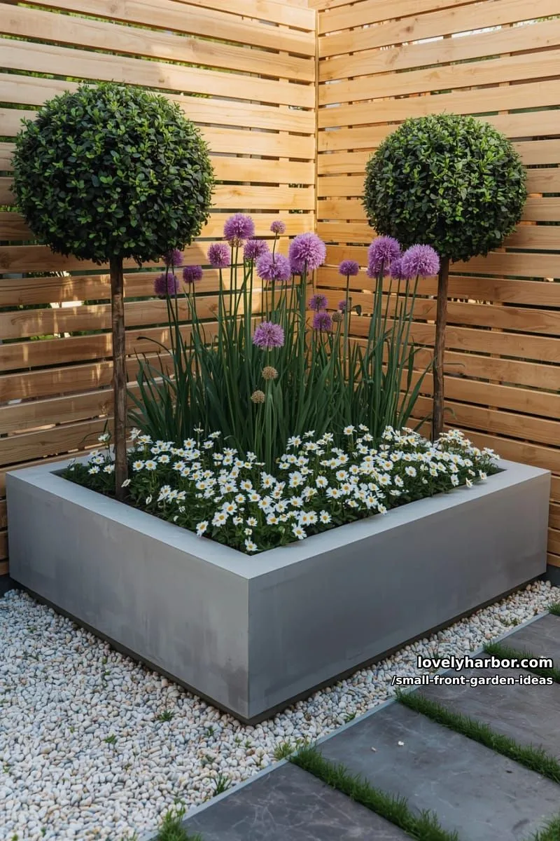 modern garden corner with raised bed, alliums, daisies, and topiary trees. 1