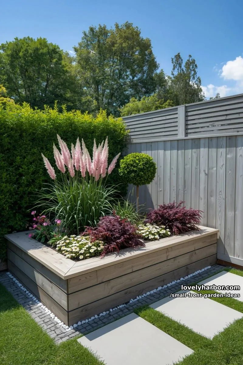 modern garden corner with raised bed, alliums, daisies, and topiary trees. 1