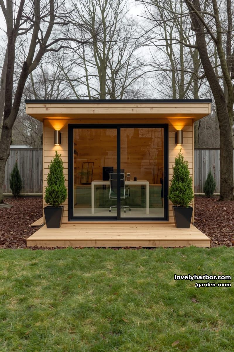 modern garden office with wooden planks, glass doors, and outdoor shrubs. 1