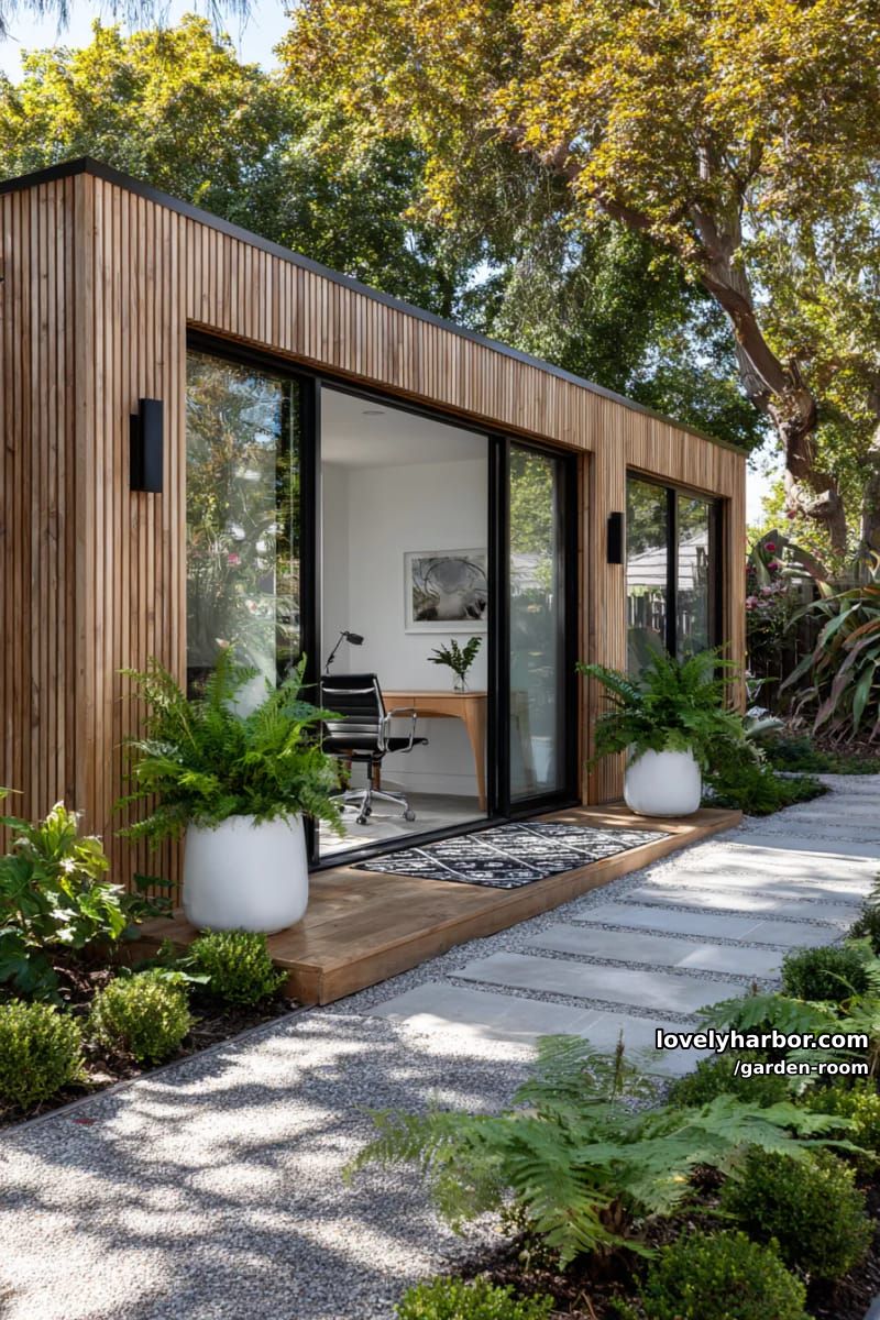 modern garden office with wooden planks, glass doors, and outdoor shrubs. 1