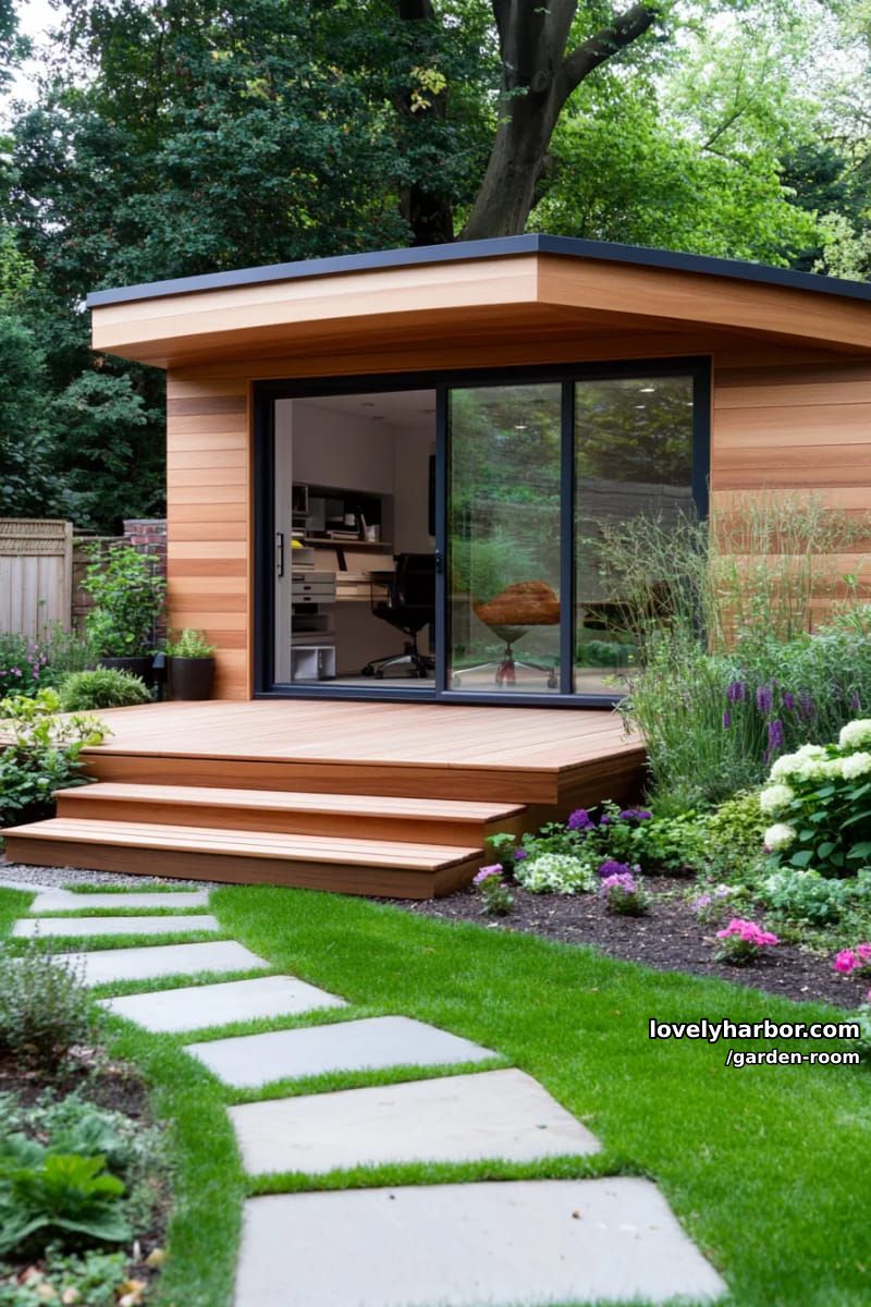 modern garden office with wooden planks, glass doors, and outdoor shrubs. 1