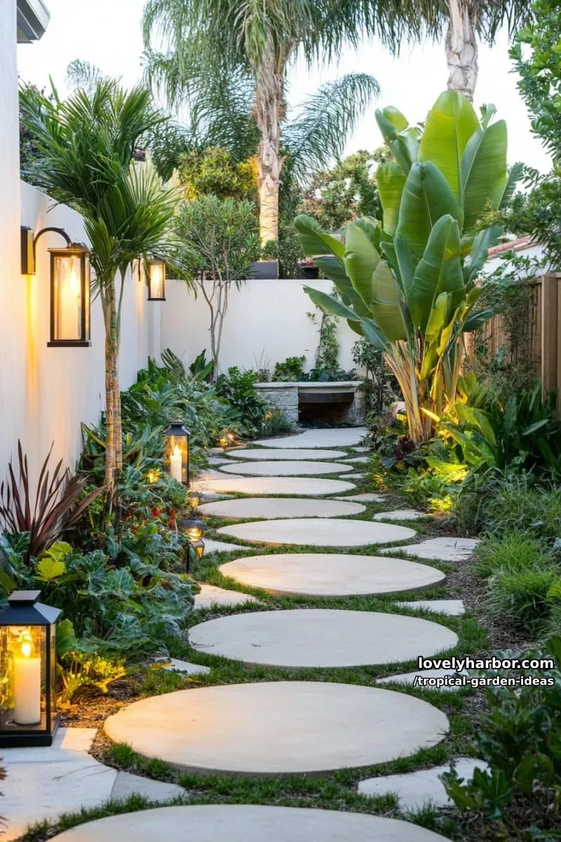 modern garden path with tropical plants and floating concrete steps. 1