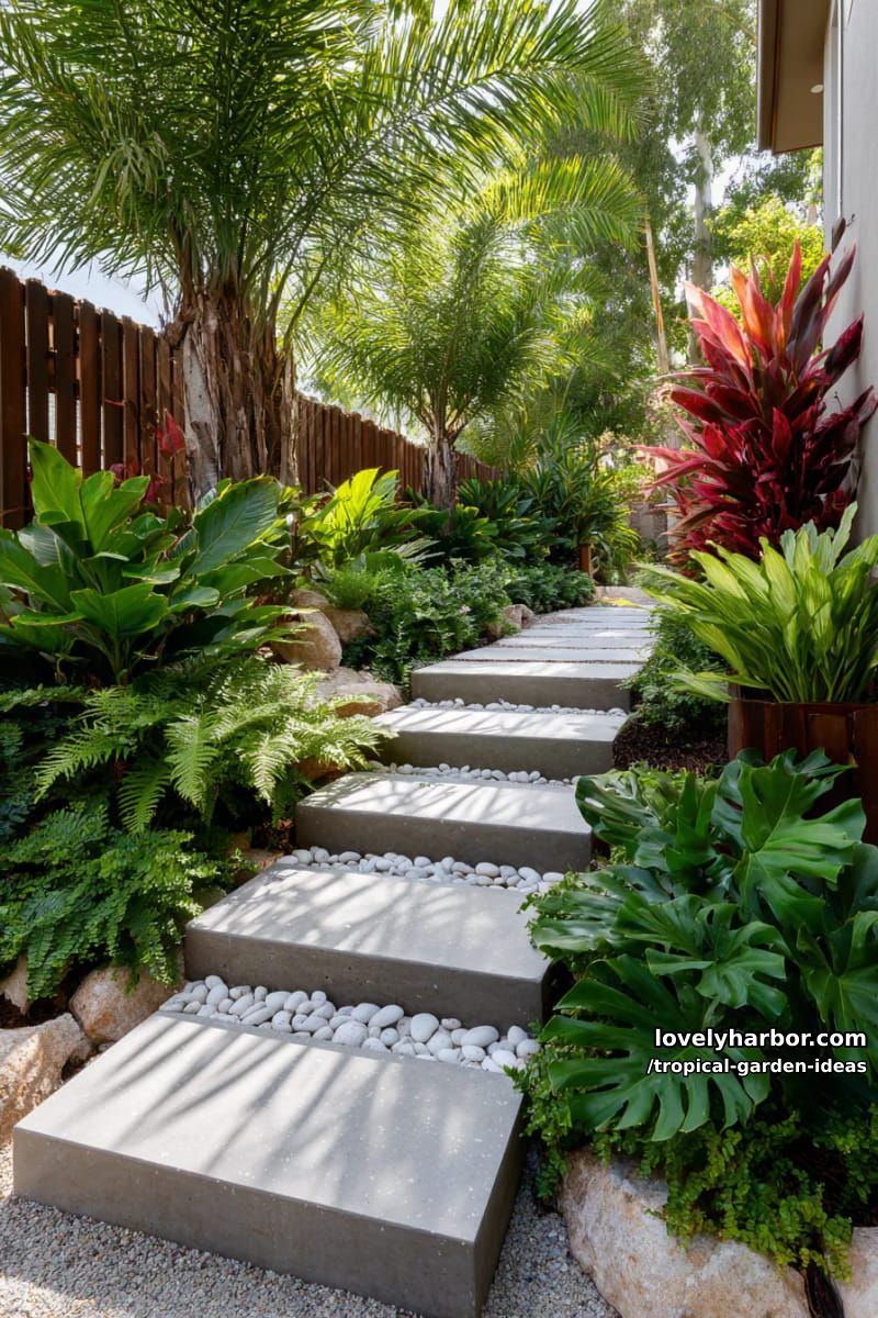 modern garden path with tropical plants and floating concrete steps. 1