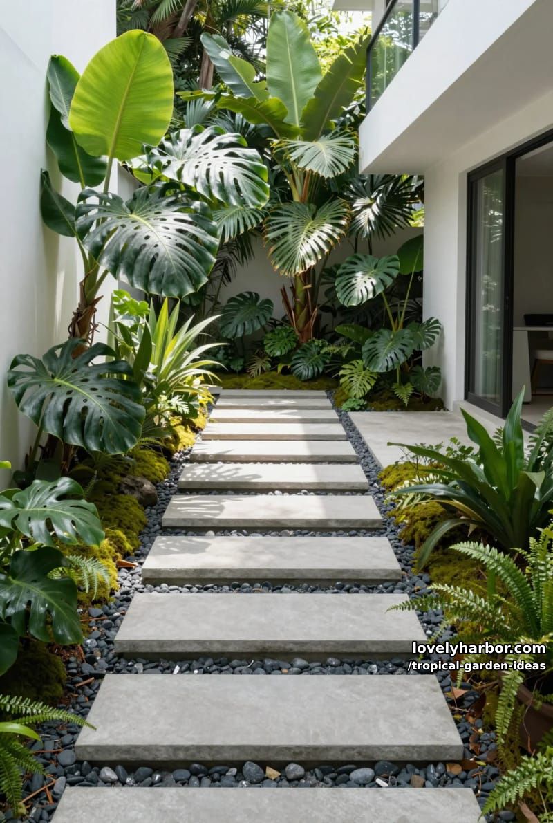 modern garden path with tropical plants and floating concrete steps. 1